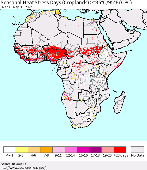 Africa Seasonal Heat Stress Days (Croplands) >=35°C/95°F (CPC) Thematic Map For 3/1/2022 - 5/31/2022