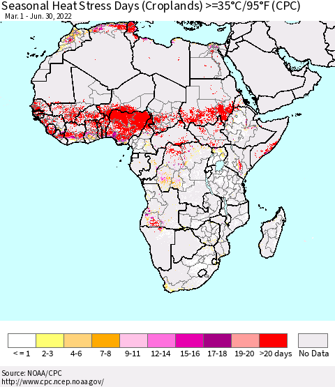 Africa Seasonal Heat Stress Days (Croplands) >=35°C/95°F (CPC) Thematic Map For 3/1/2022 - 6/30/2022
