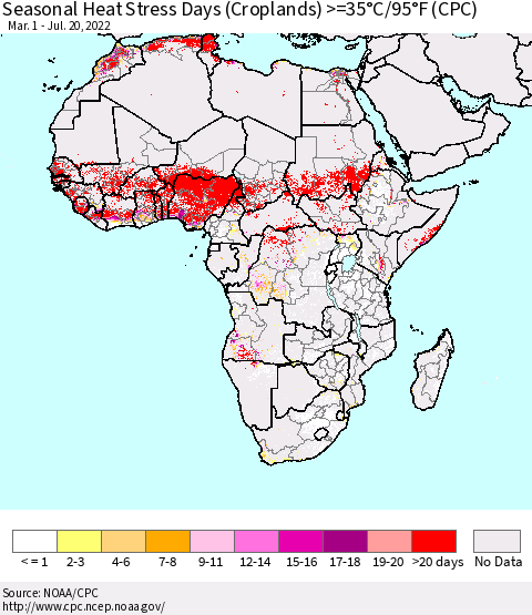 Africa Seasonal Heat Stress Days (Croplands) >=35°C/95°F (CPC) Thematic Map For 3/1/2022 - 7/20/2022