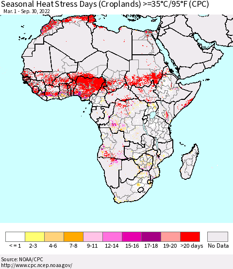 Africa Seasonal Heat Stress Days (Croplands) >=35°C/95°F (CPC) Thematic Map For 3/1/2022 - 9/30/2022