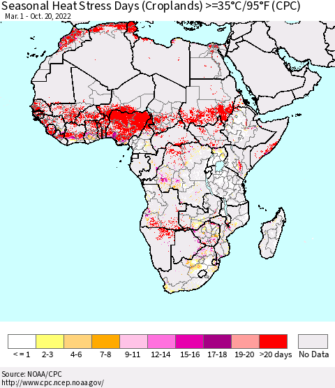 Africa Seasonal Heat Stress Days (Croplands) >=35°C/95°F (CPC) Thematic Map For 3/1/2022 - 10/20/2022