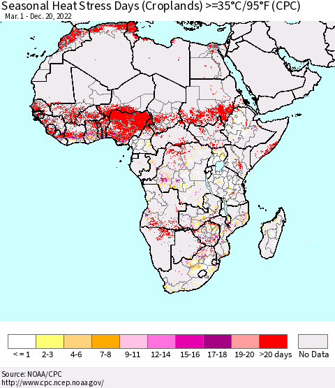 Africa Seasonal Heat Stress Days (Croplands) >=35°C/95°F (CPC) Thematic Map For 3/1/2022 - 12/20/2022