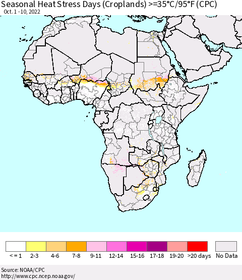 Africa Seasonal Heat Stress Days (Croplands) >=35°C/95°F (CPC) Thematic Map For 10/1/2022 - 10/10/2022