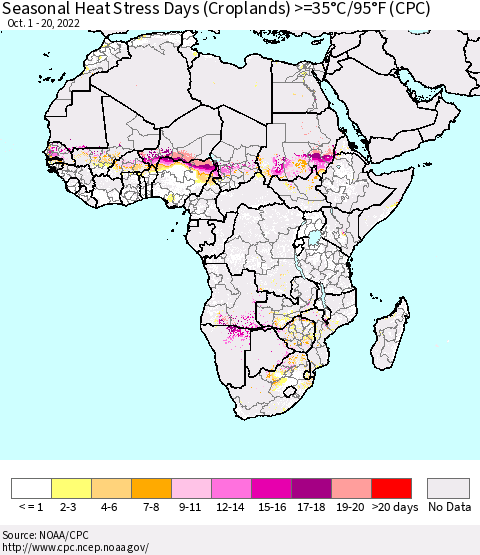 Africa Seasonal Heat Stress Days (Croplands) >=35°C/95°F (CPC) Thematic Map For 10/1/2022 - 10/20/2022