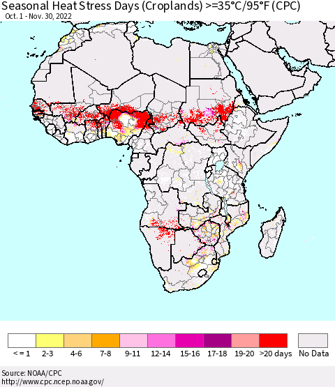Africa Seasonal Heat Stress Days (Croplands) >=35°C/95°F (CPC) Thematic Map For 10/1/2022 - 11/30/2022