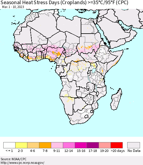 Africa Seasonal Heat Stress Days (Croplands) >=35°C/95°F (CPC) Thematic Map For 3/1/2023 - 3/10/2023