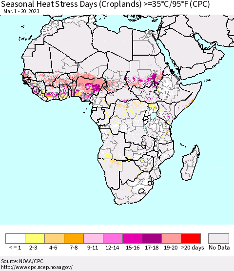 Africa Seasonal Heat Stress Days (Croplands) >=35°C/95°F (CPC) Thematic Map For 3/1/2023 - 3/20/2023