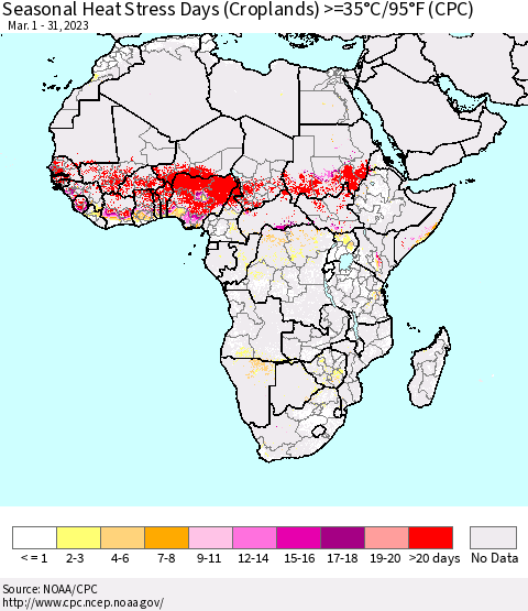 Africa Seasonal Heat Stress Days (Croplands) >=35°C/95°F (CPC) Thematic Map For 3/1/2023 - 3/31/2023