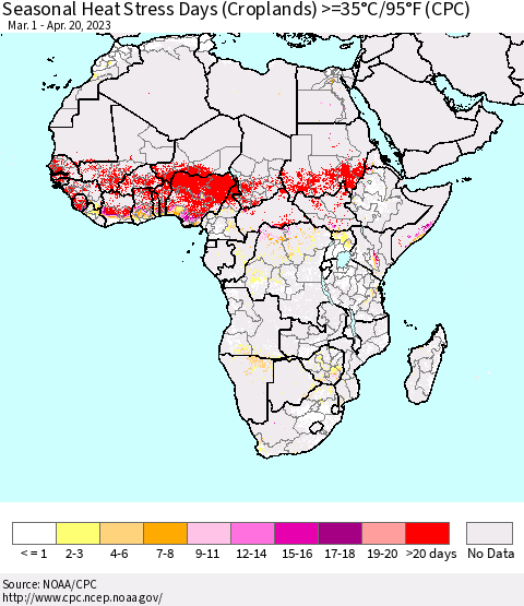 Africa Seasonal Heat Stress Days (Croplands) >=35°C/95°F (CPC) Thematic Map For 3/1/2023 - 4/20/2023