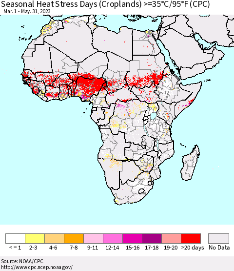 Africa Seasonal Heat Stress Days (Croplands) >=35°C/95°F (CPC) Thematic Map For 3/1/2023 - 5/31/2023