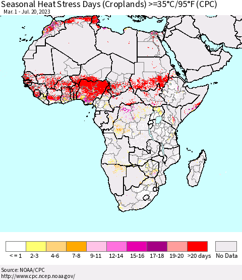 Africa Seasonal Heat Stress Days (Croplands) >=35°C/95°F (CPC) Thematic Map For 3/1/2023 - 7/20/2023
