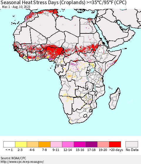 Africa Seasonal Heat Stress Days (Croplands) >=35°C/95°F (CPC) Thematic Map For 3/1/2023 - 8/10/2023