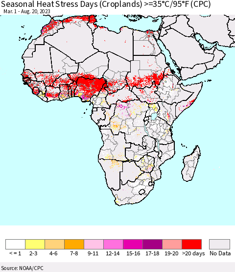 Africa Seasonal Heat Stress Days (Croplands) >=35°C/95°F (CPC) Thematic Map For 3/1/2023 - 8/20/2023