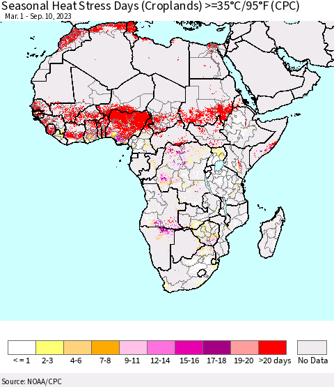 Africa Seasonal Heat Stress Days (Croplands) >=35°C/95°F (CPC) Thematic Map For 3/1/2023 - 9/10/2023