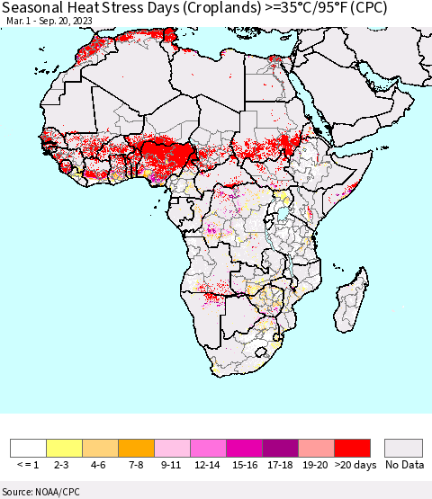 Africa Seasonal Heat Stress Days (Croplands) >=35°C/95°F (CPC) Thematic Map For 3/1/2023 - 9/20/2023
