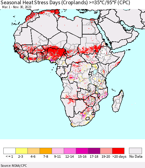 Africa Seasonal Heat Stress Days (Croplands) >=35°C/95°F (CPC) Thematic Map For 3/1/2023 - 11/30/2023