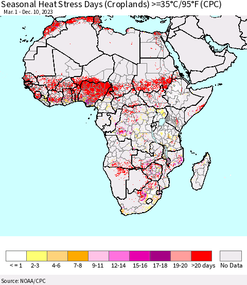 Africa Seasonal Heat Stress Days (Croplands) >=35°C/95°F (CPC) Thematic Map For 3/1/2023 - 12/10/2023