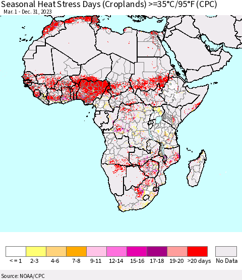 Africa Seasonal Heat Stress Days (Croplands) >=35°C/95°F (CPC) Thematic Map For 3/1/2023 - 12/31/2023