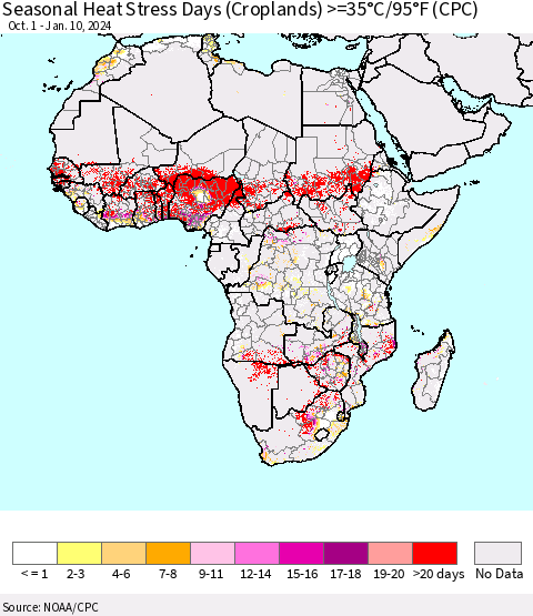 Africa Seasonal Heat Stress Days (Croplands) >=35°C/95°F (CPC) Thematic Map For 10/1/2023 - 1/10/2024