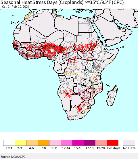 Africa Seasonal Heat Stress Days (Croplands) >=35°C/95°F (CPC) Thematic Map For 10/1/2023 - 2/10/2024