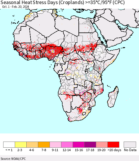 Africa Seasonal Heat Stress Days (Croplands) >=35°C/95°F (CPC) Thematic Map For 10/1/2023 - 2/20/2024