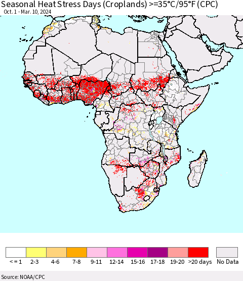 Africa Seasonal Heat Stress Days (Croplands) >=35°C/95°F (CPC) Thematic Map For 10/1/2023 - 3/10/2024