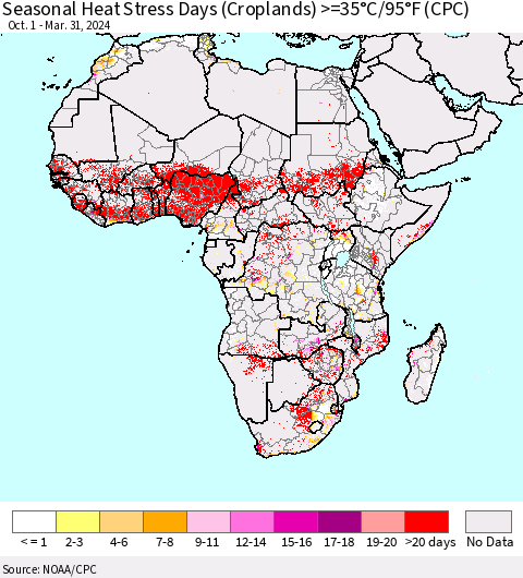 Africa Seasonal Heat Stress Days (Croplands) >=35°C/95°F (CPC) Thematic Map For 10/1/2023 - 3/31/2024
