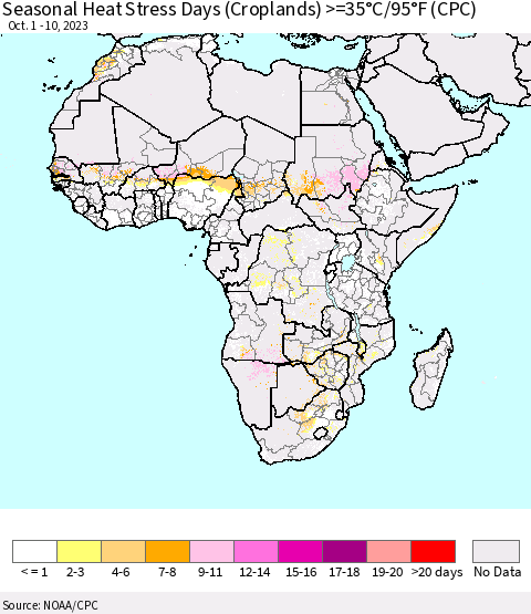 Africa Seasonal Heat Stress Days (Croplands) >=35°C/95°F (CPC) Thematic Map For 10/1/2023 - 10/10/2023