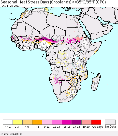 Africa Seasonal Heat Stress Days (Croplands) >=35°C/95°F (CPC) Thematic Map For 10/1/2023 - 10/20/2023