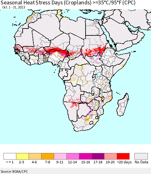 Africa Seasonal Heat Stress Days (Croplands) >=35°C/95°F (CPC) Thematic Map For 10/1/2023 - 10/31/2023
