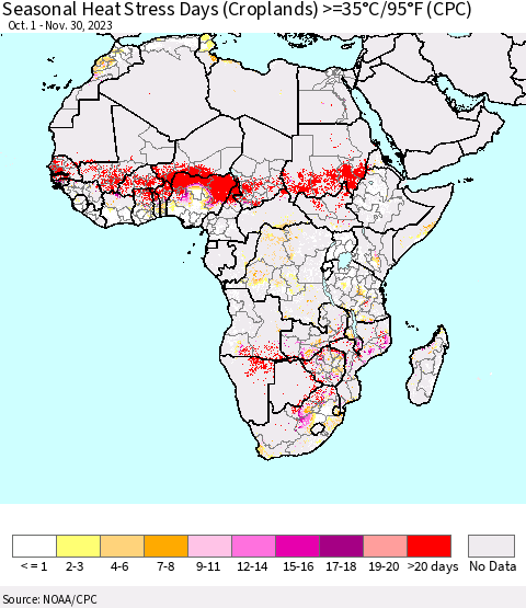 Africa Seasonal Heat Stress Days (Croplands) >=35°C/95°F (CPC) Thematic Map For 10/1/2023 - 11/30/2023