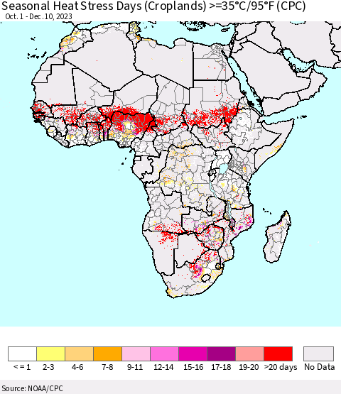 Africa Seasonal Heat Stress Days (Croplands) >=35°C/95°F (CPC) Thematic Map For 10/1/2023 - 12/10/2023
