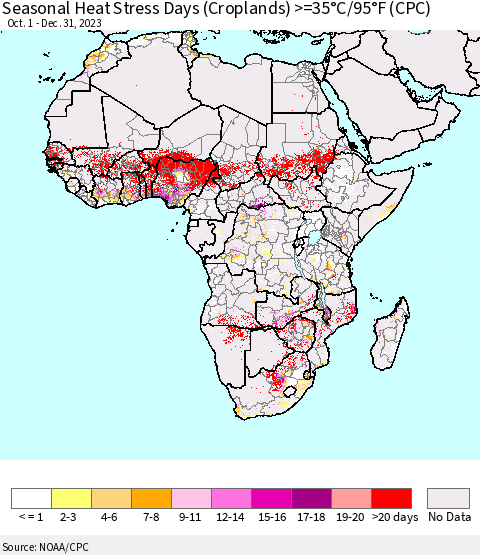 Africa Seasonal Heat Stress Days (Croplands) >=35°C/95°F (CPC) Thematic Map For 10/1/2023 - 12/31/2023