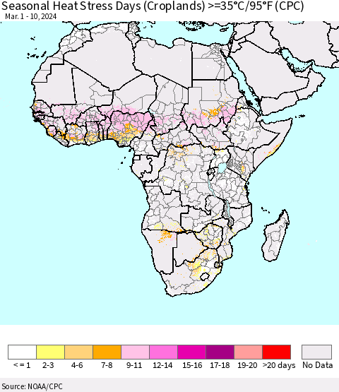 Africa Seasonal Heat Stress Days (Croplands) >=35°C/95°F (CPC) Thematic Map For 3/1/2024 - 3/10/2024