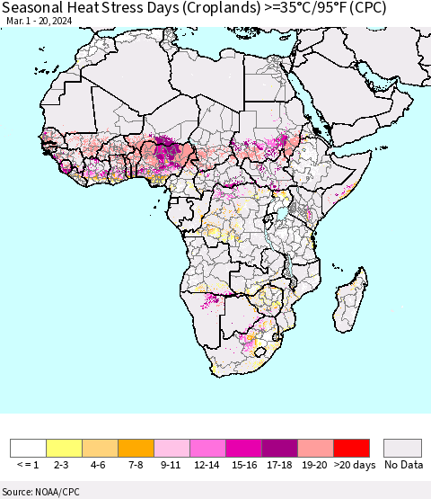 Africa Seasonal Heat Stress Days (Croplands) >=35°C/95°F (CPC) Thematic Map For 3/1/2024 - 3/20/2024