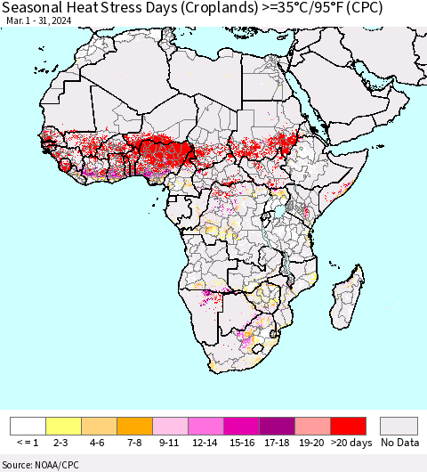 Africa Seasonal Heat Stress Days (Croplands) >=35°C/95°F (CPC) Thematic Map For 3/1/2024 - 3/31/2024