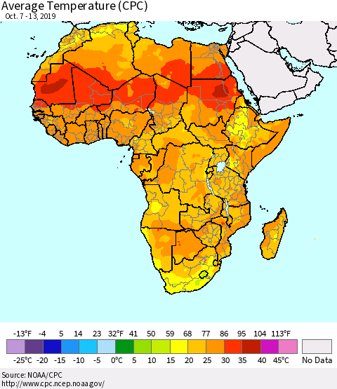 Africa Average Temperature (CPC) Thematic Map For 10/7/2019 - 10/13/2019