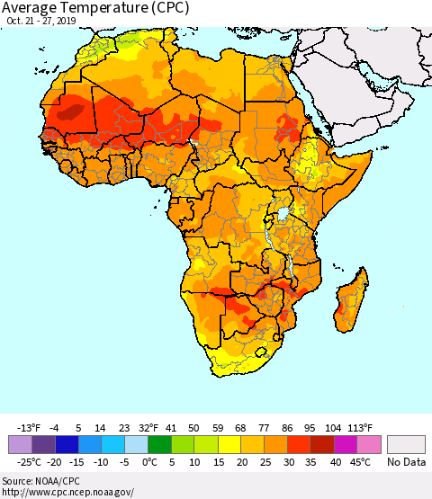 Africa Average Temperature (CPC) Thematic Map For 10/21/2019 - 10/27/2019