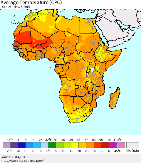Africa Average Temperature (CPC) Thematic Map For 10/28/2019 - 11/3/2019