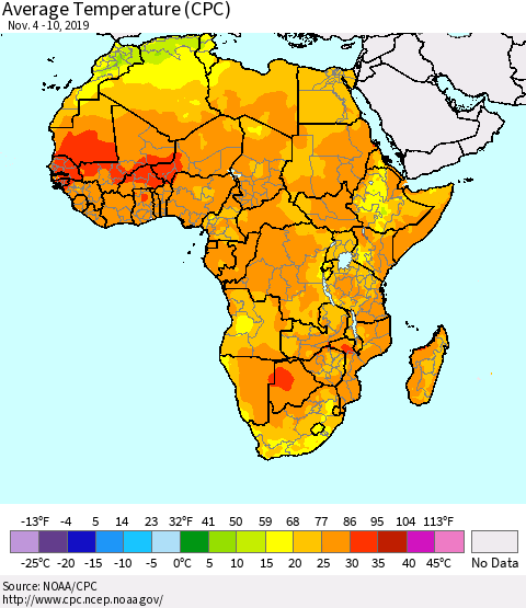 Africa Average Temperature (CPC) Thematic Map For 11/4/2019 - 11/10/2019