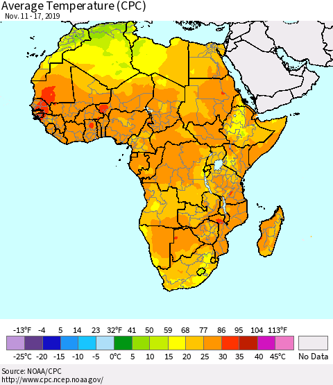 Africa Average Temperature (CPC) Thematic Map For 11/11/2019 - 11/17/2019