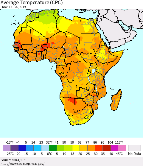 Africa Average Temperature (CPC) Thematic Map For 11/18/2019 - 11/24/2019