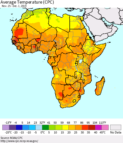 Africa Average Temperature (CPC) Thematic Map For 11/25/2019 - 12/1/2019