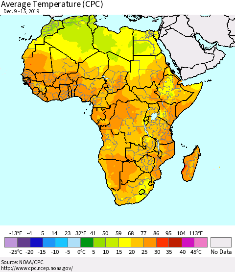 Africa Average Temperature (CPC) Thematic Map For 12/9/2019 - 12/15/2019