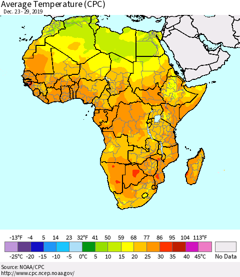 Africa Average Temperature (CPC) Thematic Map For 12/23/2019 - 12/29/2019