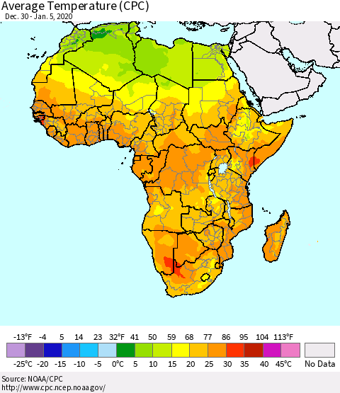 Africa Average Temperature (CPC) Thematic Map For 12/30/2019 - 1/5/2020
