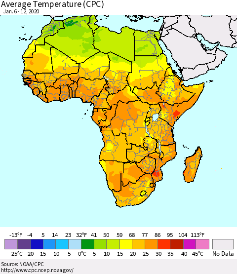 Africa Average Temperature (CPC) Thematic Map For 1/6/2020 - 1/12/2020