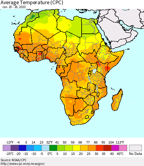 Africa Average Temperature (CPC) Thematic Map For 1/20/2020 - 1/26/2020