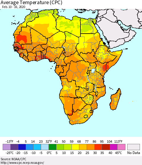 Africa Average Temperature (CPC) Thematic Map For 2/10/2020 - 2/16/2020