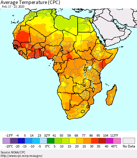 Africa Average Temperature (CPC) Thematic Map For 2/17/2020 - 2/23/2020